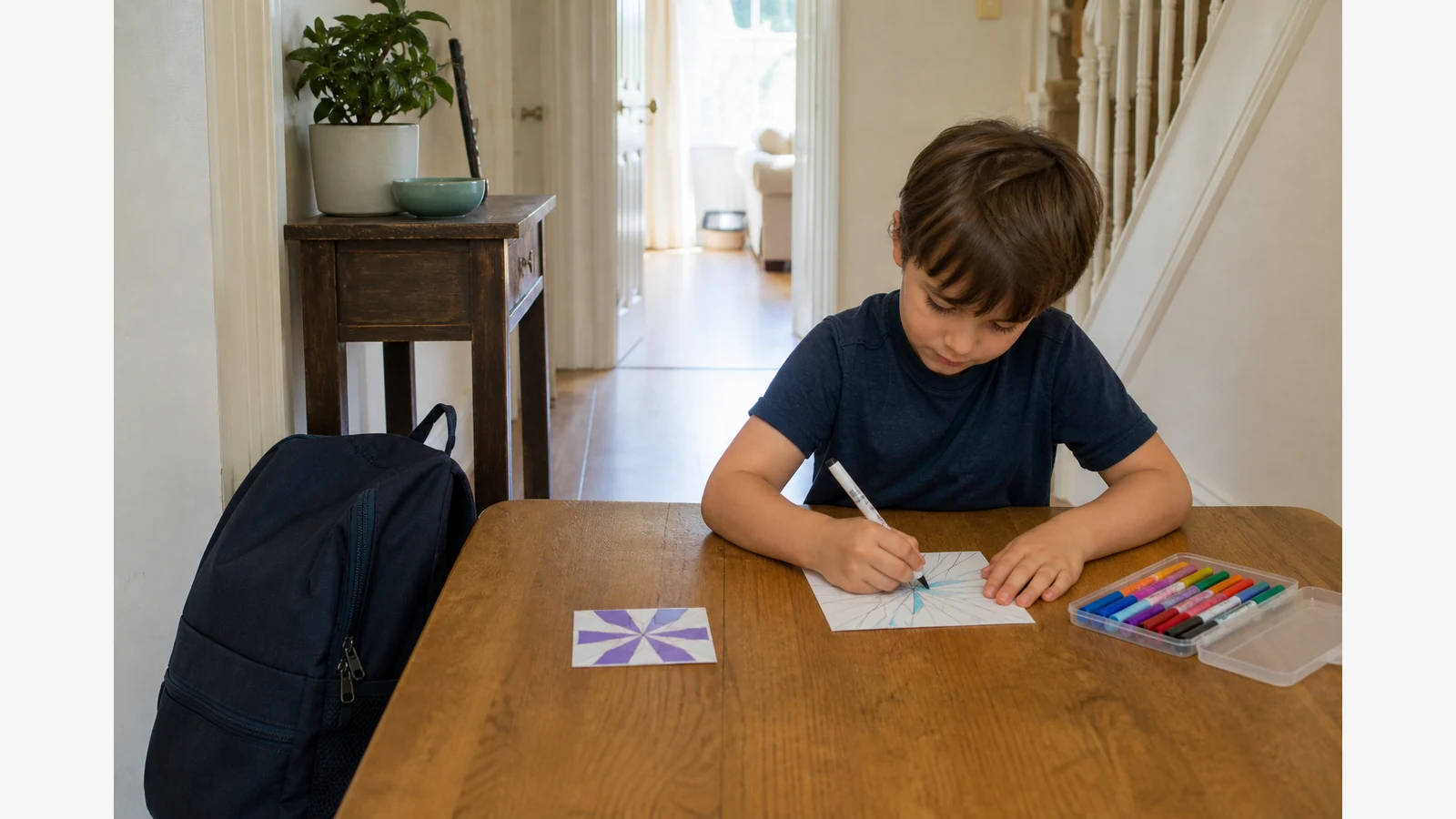 After-school drawing activity setup with pattern card and markers