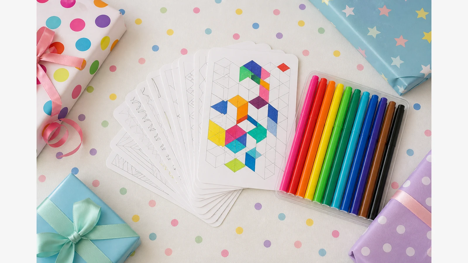Opened creative drawing gift set with cards and markers for a sixth birthday