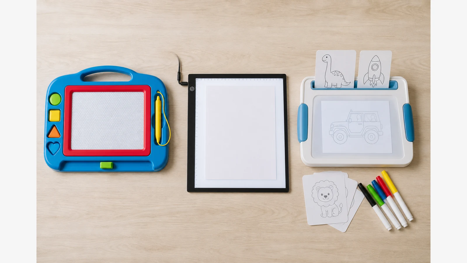 Three kids drawing toy types arranged for a UK buying comparison
