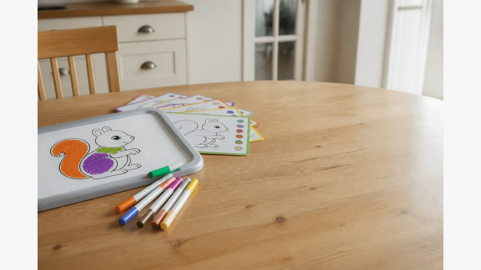 Guided kids drawing set with pattern cards and markers on a UK kitchen table