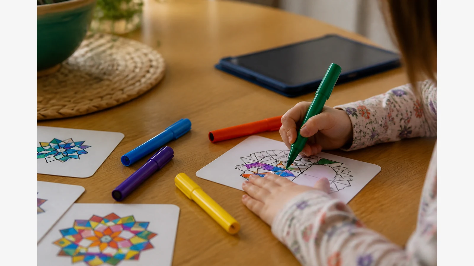 Child colouring with pattern cards as a screen-free alternative to tablet time